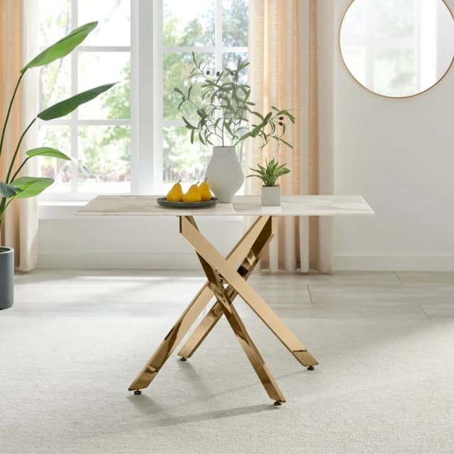 FurnitureboxUK FurnitureboxUK Leonardo 4-Seater Dining Table With Marble Effect Glass Top And Gold Metal Legs in White White One Size Unisex 505654269