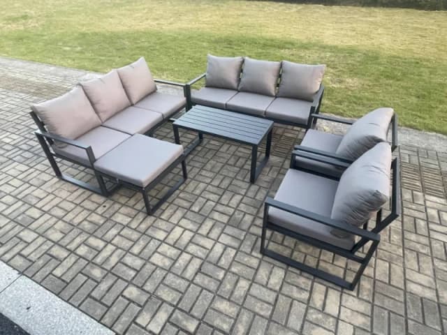 Fimous Aluminium Outdoor Garden Furniture Set 9 Seater Garden Sofa with Oblong Coffee Table Big Footstool Dark Grey Dark Grey Unisex