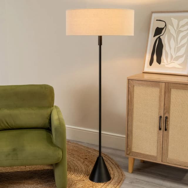 ValueLights ValueLights Mitch Natural Linen Squat Lamp Shade Wooden Triangle Floor Lamp with LED Bulb in Black One Size Unisex 5059406066184