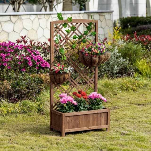 OUTSUNNY Wooden Planter with Trellis, Raised Bed for Garden, Brown Brown Unisex