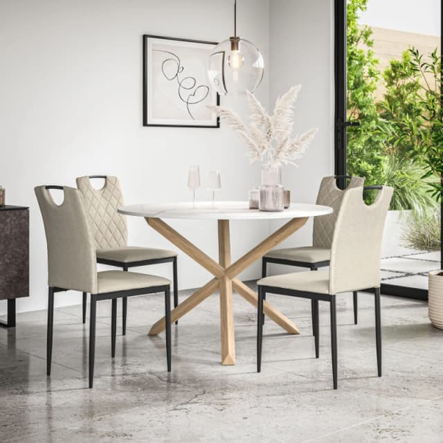 More4Homes Malvern Round Dining Table And Chairs - Marble Table Top W Solid Oak Legs + Monza Fabric Dining Chair Set Of 4 (Beige)