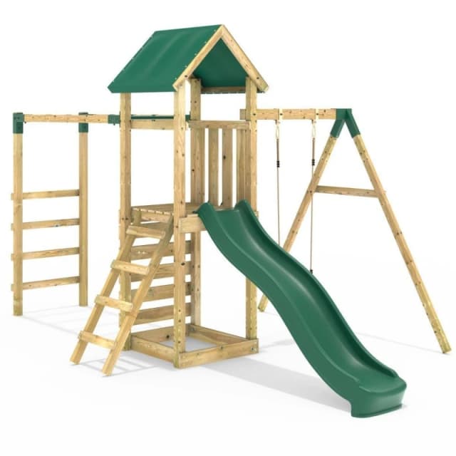 Rebo Wooden Climbing Frame with Single Swing, Monkey Bars and Slide - Arvon Green Green