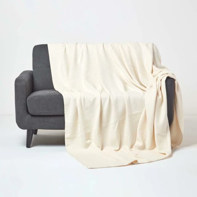 Homescapes Organic Cotton Waffle Blanket/ Throw Natural, 178 X 228 Cm