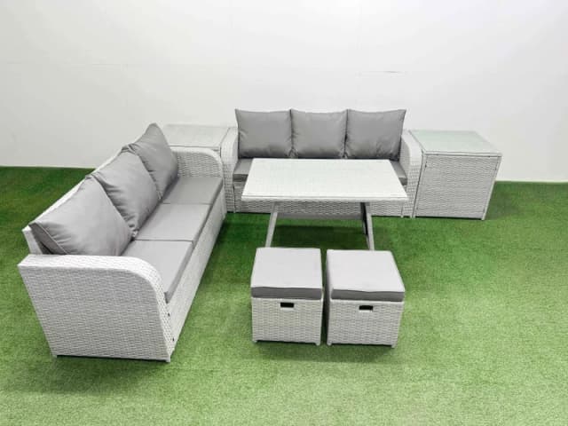 Fimous Rattan High Back Lounge Sofa Set with 3 Seater Sofa 2 Side Table Stool in Light Grey Light Grey Unisex
