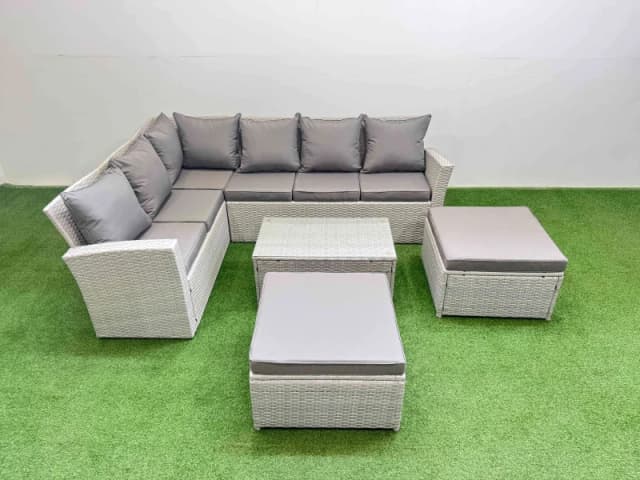 Fimous 8 Seater Garden Outdoor PE Rattan Furniture Set with Oblong Coffee Table in Light Grey Light Grey Unisex