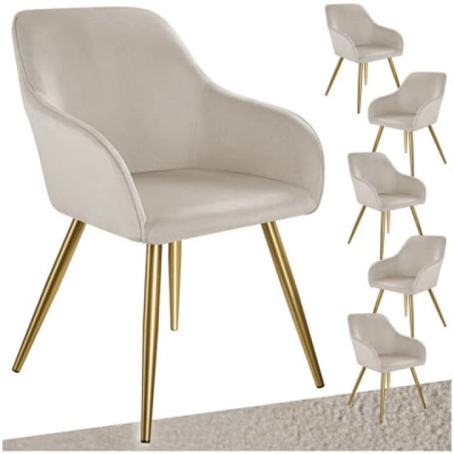 Tectake Set Of 6 Chair Marilyn With Velvet Cover, Gold Steel Legs And Plush Padding - Taupe/gold