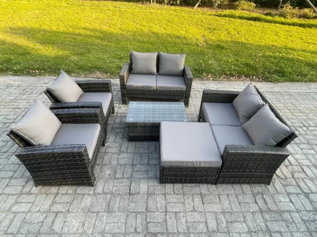 Fimous Garden Furniture Sets 6 Pieces Outdoor Rattan Furniture Manual Wicker Patio Sofa Chair Set with Coffee Table Big Footstool in Dark Grey Dark Gr