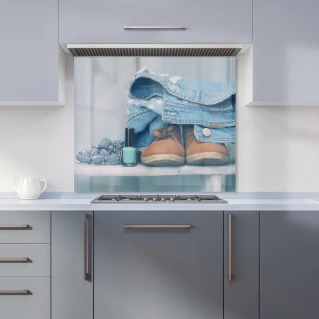 Warren Reed - Designer Shoes On The Bench Kitchen Splashback in Blue Size: 600mm x 750mm Blue Unisex 600mm x 750mm