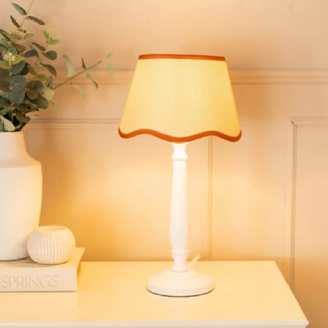 ValueLights Victoria White Wood Candlestick Table Lamp with Linen Scallop Trim Tapered Shade Burnt Orange