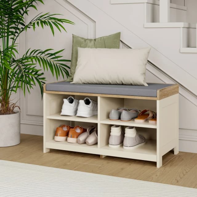Vonhaus Shoe Storage Bench With Padded Seat, Cream Hallway Bench & 4 Open Storage Shelves For Entryway & Porch, Ash Hall