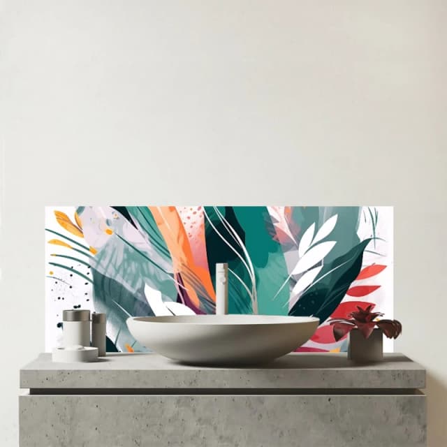 Warren Reed - Designer Coloured Abstrace Feather Leaves Glass Bathroom Splashback in Green Green Unisex