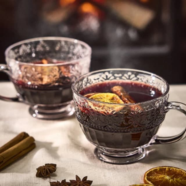 Dibor Set Of 2 Vintage Style Embossed Footed Coffee Mug Clear Tea Cups