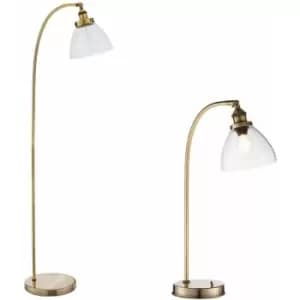 Loops - Standing Floor & Table Lamp Set Antique Brass Glass Shade Retro Industrial Light