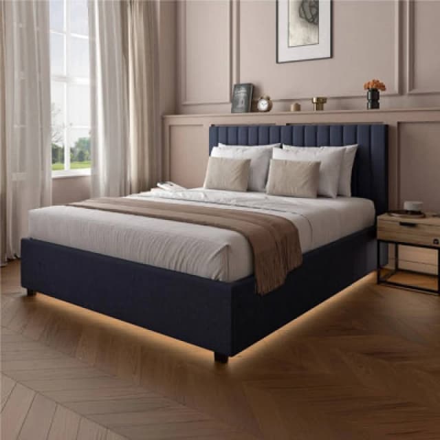 X Rocker Maisie Velvet Ottoman Bed Frame with LED Lights Navy