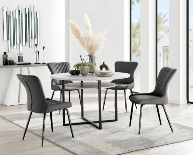 FurnitureboxUK FurnitureboxUK Adley Grey Concrete Effect Round Dining Table & 4 Nora Black Leg Velvet Chairs in Dark Grey Dark Grey One Size Unisex 50