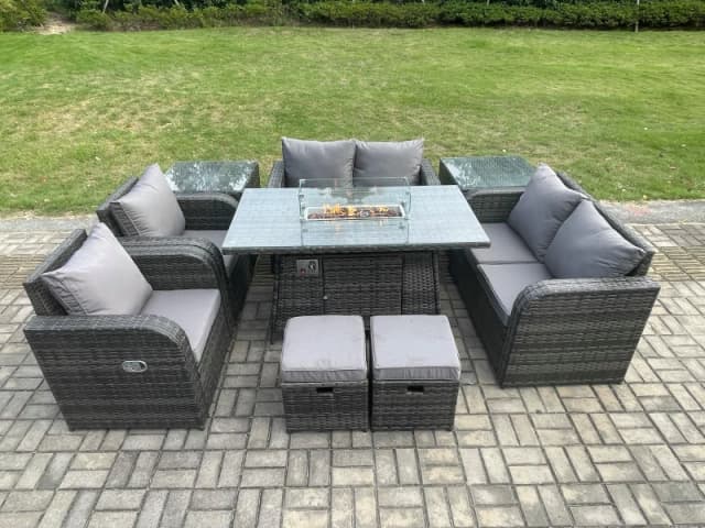 Fimous 8 Seater Rattan Garden Furniture Set Outdoor Propane Gas Fire Pit Table and Sofa Chair set with 2 Side Tables Footstools Dark Grey