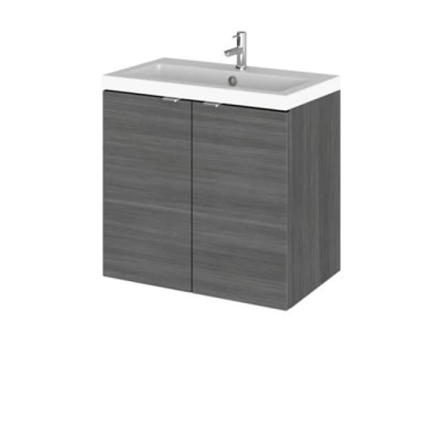 Hudson Reed Fusion Wall Hung 2 Door Vanity Unit & Compact Polymarble Basin, Sink Vanity Unit, Anthracite Woodgrain, 600mm