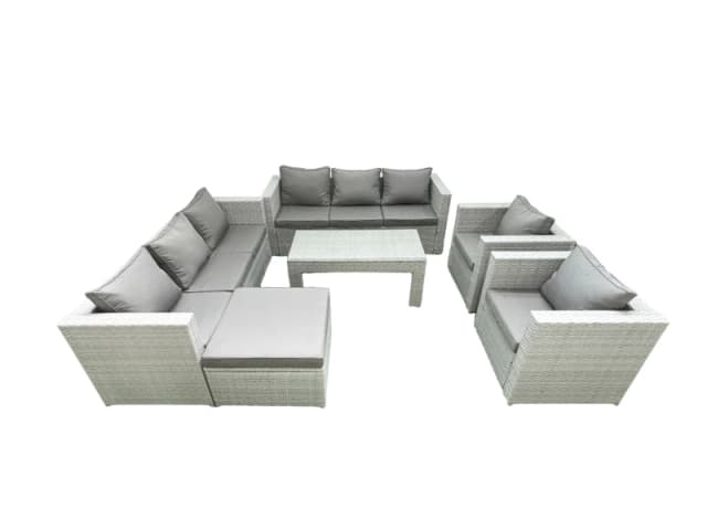 Fimous Outdoor Garden Furniture Rattan Sofa Set with 2 Armchairs Oblong Coffee Table Big Footstool Light Grey Mixed Light Grey