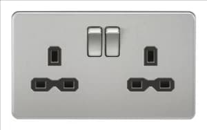 KnightsBridge 13A 2G DP Screwless Brushed Chrome 230V UK 3 Pin Switched Electric Wall Socket - Black Insert