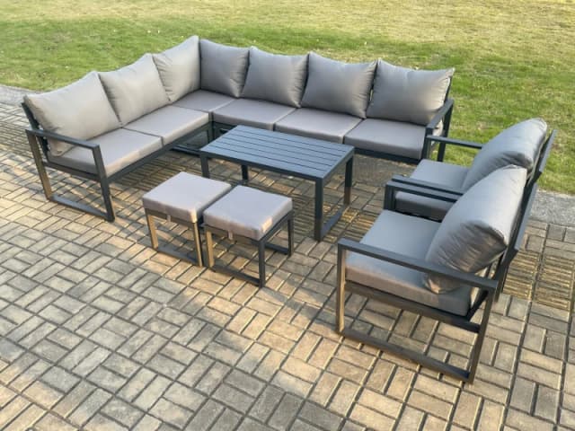 Fimous Aluminium Garden Furniture Set Outdoor Indoor Lounge Corner Sofa 2 Pcs Chair Oblong Coffee Table Sets with 2 Small Footstools Dark Grey Dark Gr