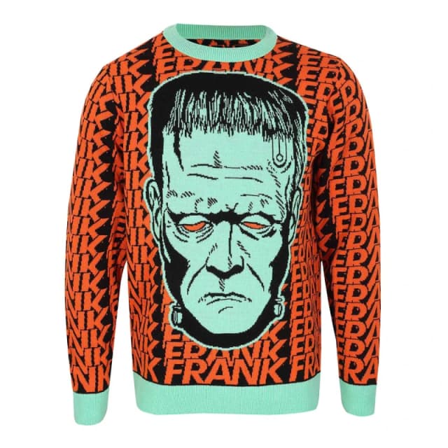 Universal Monsters Mens Head Shot Frankenstein Knitted Jumper in Light Red Size: Small Light Red Male S