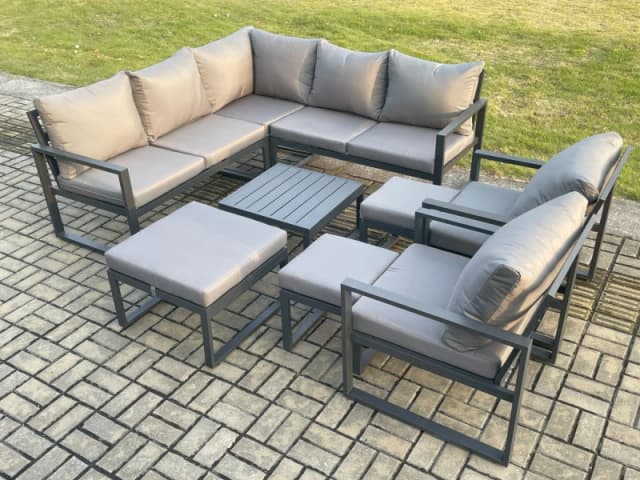 Fimous 10 Seater Outdoor Aluminium Garden Furniture Set Corner Lounge Sofa Set with Square Coffee Table 3 Footstools Dark Grey Dark Grey Unisex