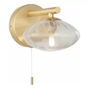 Satin Brass Bathroom Wall Light & Ribbed Glass Shade - IP44 Rated Modern Sconce
