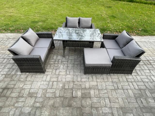 Fimous 7 Seater Rattan Wicker Garden Furniture Patio Conservatory Sofa Set Indoor Outdoor with Dining Table Double Seat Sofa in Dark Grey Dark Grey Un