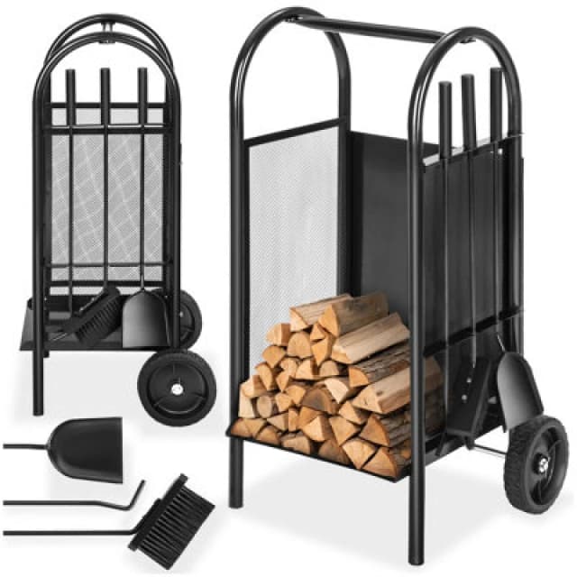 Tectake Log Holder Fireplace Wood Storage With Broom, Shovel And Poker - Black