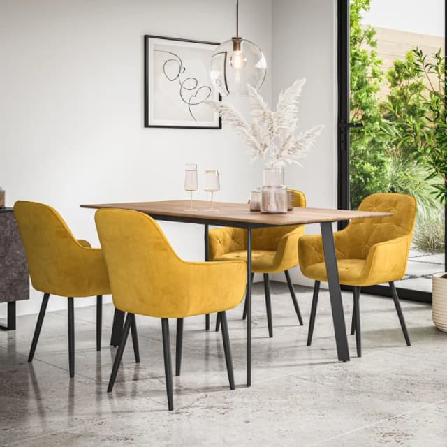 More4Homes Haydon Extending Dining Table And Chairs - Oak Effect Table Top W Black Legs + Anika Velvet Dining Chair Set Of 4 (Mustard)
