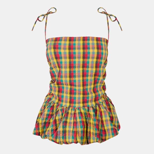 AmyLynn Womens Sabrina Peplum Top Red/Green Chk female 8 (S)