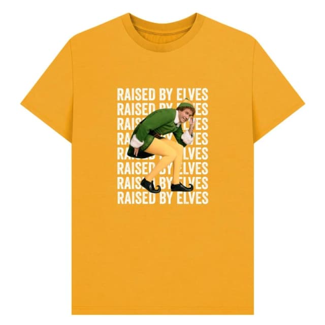 Elf Mens Raised By Elves Graphic T-Shirt in Mustard Size: Small Mustard Male S