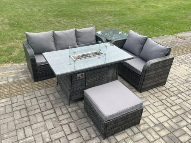 Fimous PE Wicker Outdoor Rattan Garden Furniture Set Propane Gas Fire Pit Table and Sofa set with Side Table Big Footstool Dark Grey