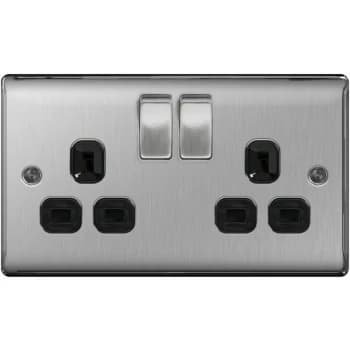 13a 2 Gang Switch Socket Brushed Steel With Black Inserts - NBS22B - BG