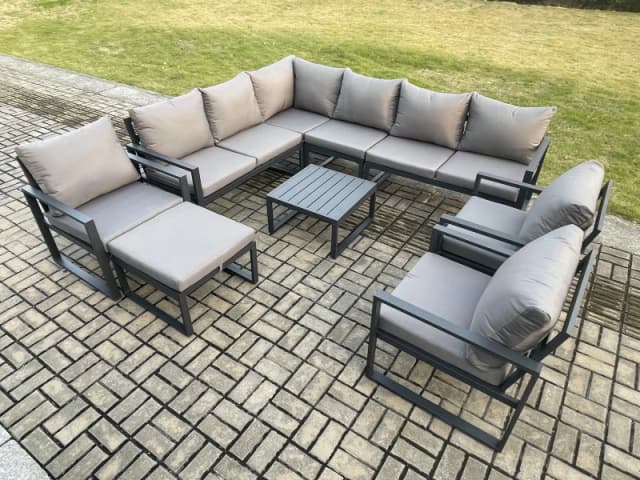 Fimous 10 Seater Aluminium Garden Furniture Set Outdoor Lounge Corner Sofa 3 Pcs Chair Square Coffee Table Sets with Big Footstool Dark Grey Dark Grey