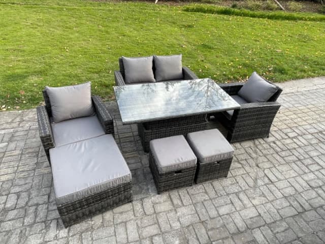 Fimous Outdoor Garden Dining Sets 7 Seater Rattan Patio Furniture Sofa Set with Rising Lifting Table in Dark Grey Dark Grey Unisex