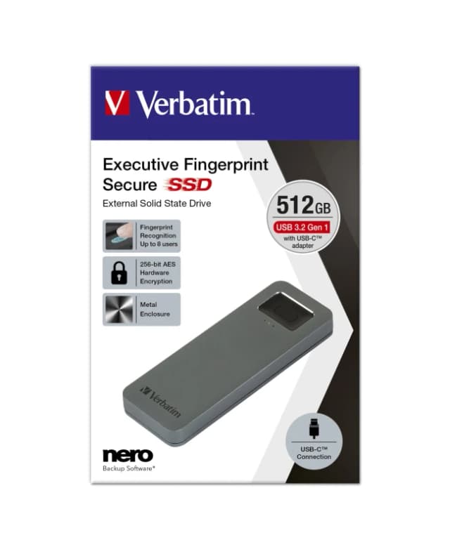 VERBATIM Executive Fingerprint Secure External SSD - 512GB, Silver/Grey 023942536567