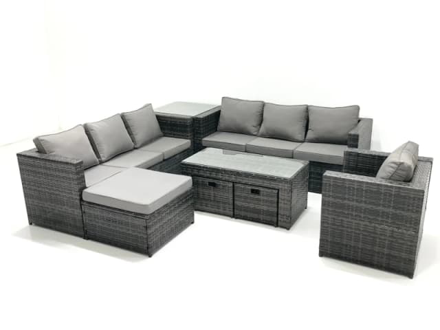 Fimous Outdoor Garden Furniture Set 10 Seater Rattan Sofa Set with Coffee Table 3 Big Footstools Armchair Side Table Dark Grey Mixed Dark Grey