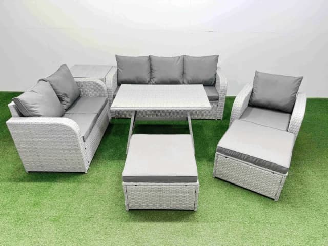 Fimous Patio Dining Table & Chairs Set with Reclining Chair 2 Big Stools in Light Grey Light Grey Unisex