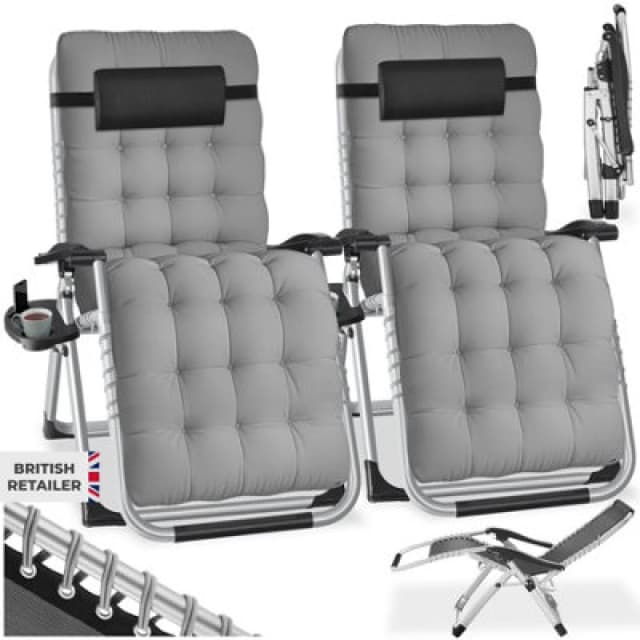 Tectake Sun Lounger Cloud - Folding, Adjustable Backrest And Footrest - Light Grey - Set Of 2