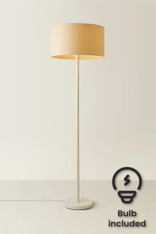 ValueLights Charlie White Single Stem Floor Lamp with Fabric Drum Lamp Shade and LED Bulb Natural