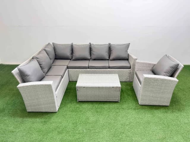 Fimous 7 Seater Garden Outdoor PE Rattan Furniture Set with Big Stool in Light Grey Light Grey Unisex