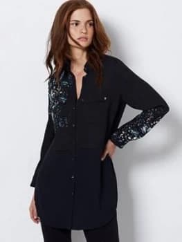 Mint Velvet Cora Print Blocked Longline Blouse - Black