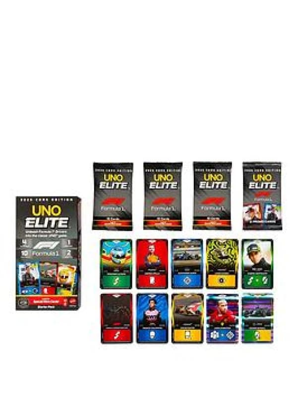 Mattel Games Elite Formula 1 2025 Core Edition Starter Pack Card Game with 4 Game Booster Packs & 2 Promo Cards for Kids Fans Families & Game Night