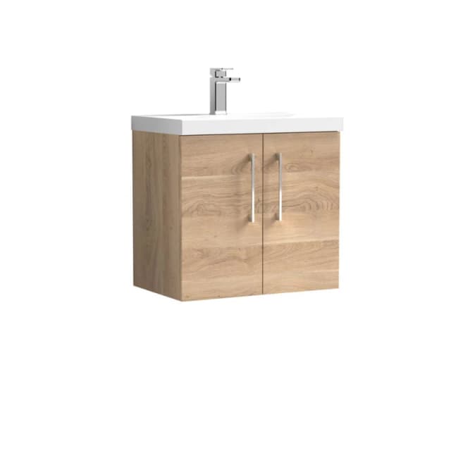 Balterley Contemporary Bathroom Wall Hung 2 Soft-Close Door Vanity Unit with Mid-Edge Ceramic Basin, Bleached Oak, 600 mm in Brown Brown Unisex