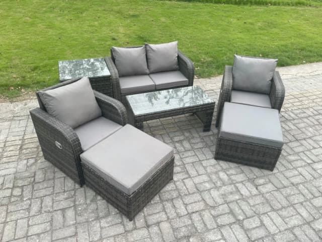 Fimous Outdoor Lounge Sofa Set Wicker PE Rattan Garden Furniture Set with Reclining Chair Coffee Table Side Table Dark Grey