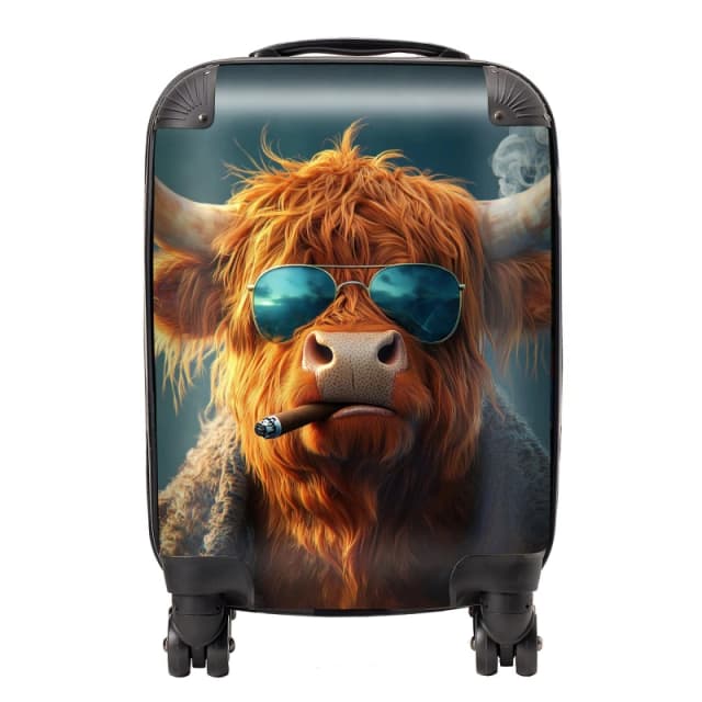 Warren Reed - Designer Highland Cow With Glasses Suitcase in Blue Size: Small Blue Unisex Small
