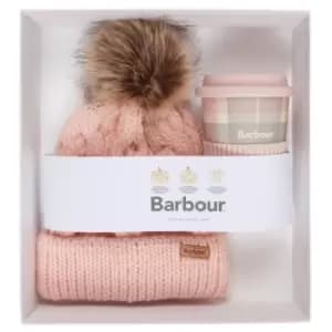Barbour Womens Trartan Travel Mug and Beanie Set Pink/Grey One Size