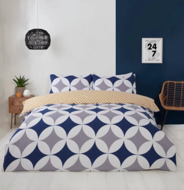 Rapport Home Geo Polycotton Duvet Cover Set With Pillowcase in Blue Size: King Blue Unisex King