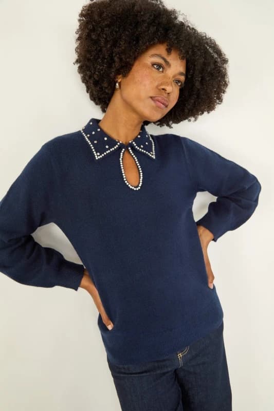 Roman Womens Faux Pearl Collared Keyhole Knit Jumper in Navy Size: 14 Navy Female 14